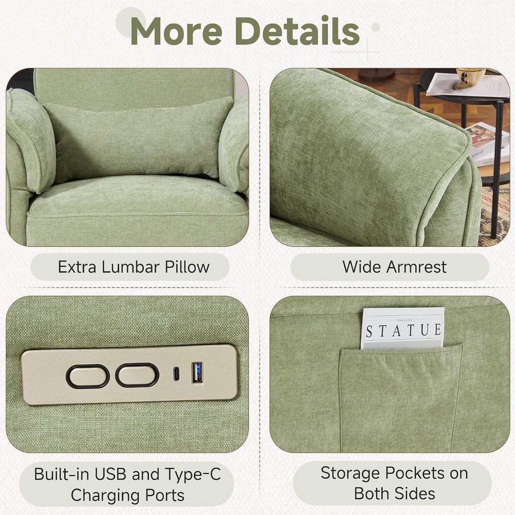 Power Recliner Rocking Chair with Adjustable Arms and Headrest,Green Fabric | Swivel electric glider,nursing chair glider for nursery, storage bags and USB port included, FSC certified