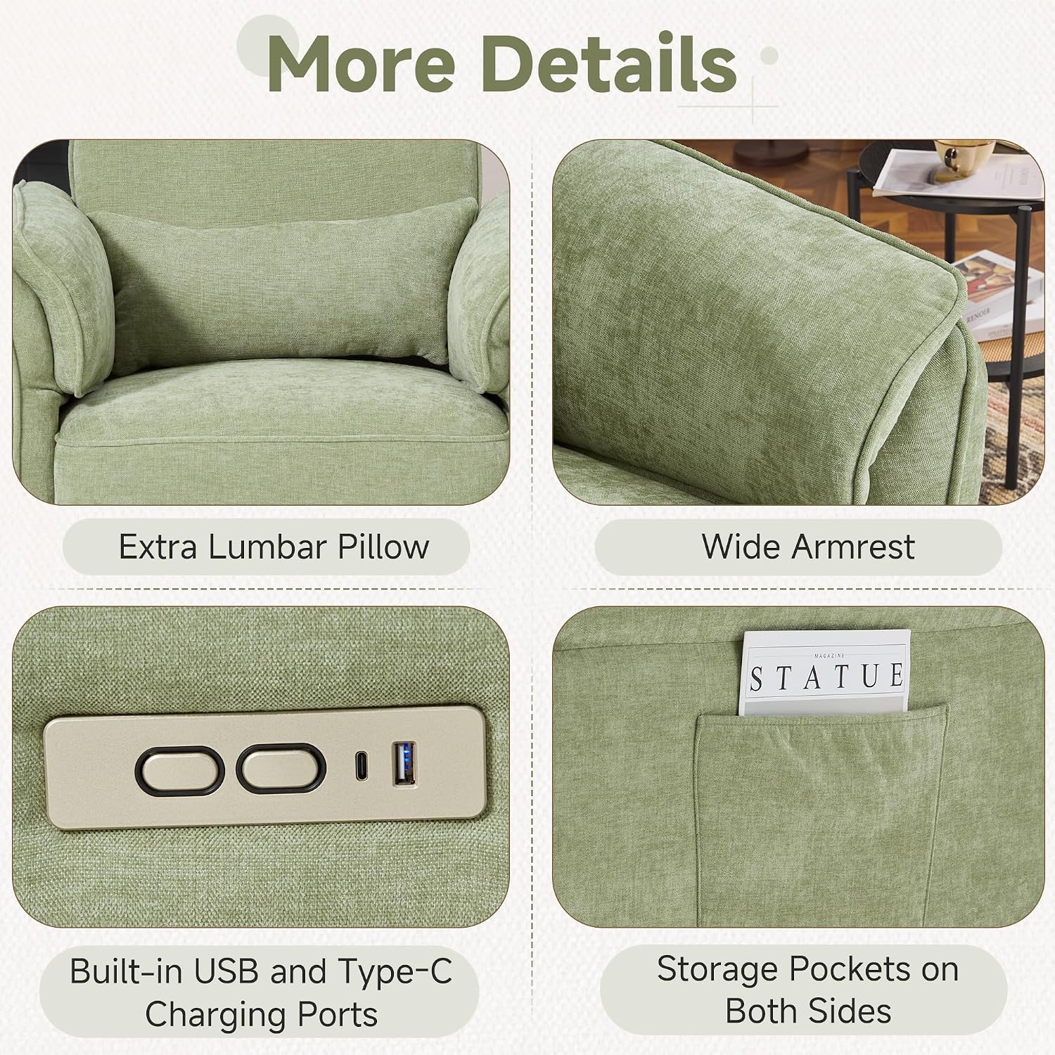 Power Recliner Rocking Chair with Adjustable Arms and Headrest,Green Fabric | Swivel electric glider,nursing chair glider for nursery, storage bags and USB port included, FSC certified