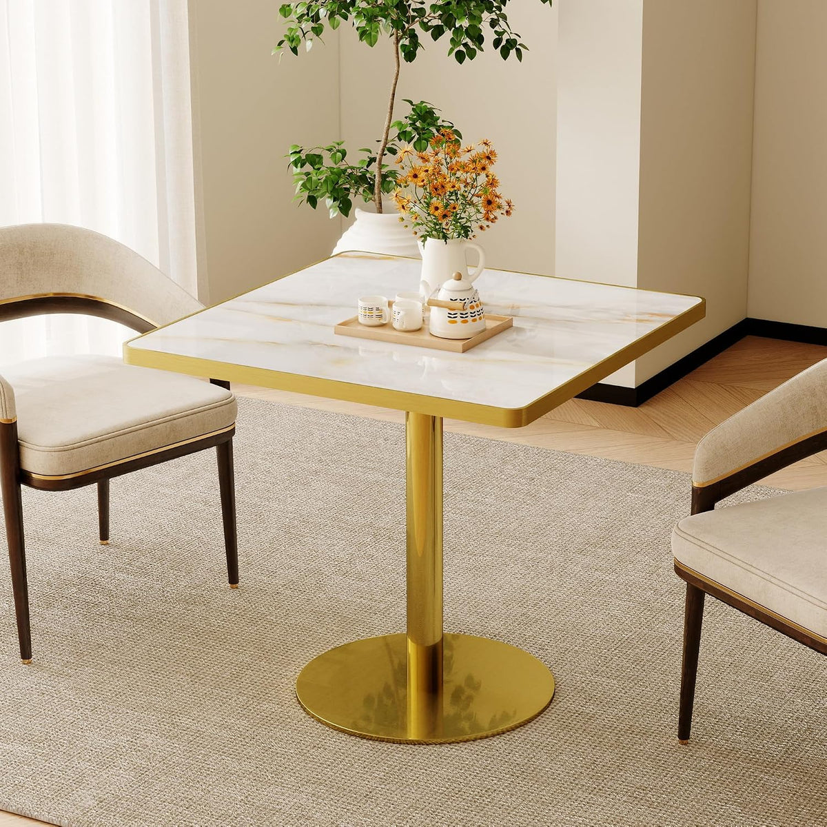 SSLine Marble Square Dining Table,31.5" Tulip Table Bistro Table for 2-4 People,Modern Kitchen Dining Room Furniture with Sintered Stone Tabletop and Stainless Steel Pedestal for Small Places