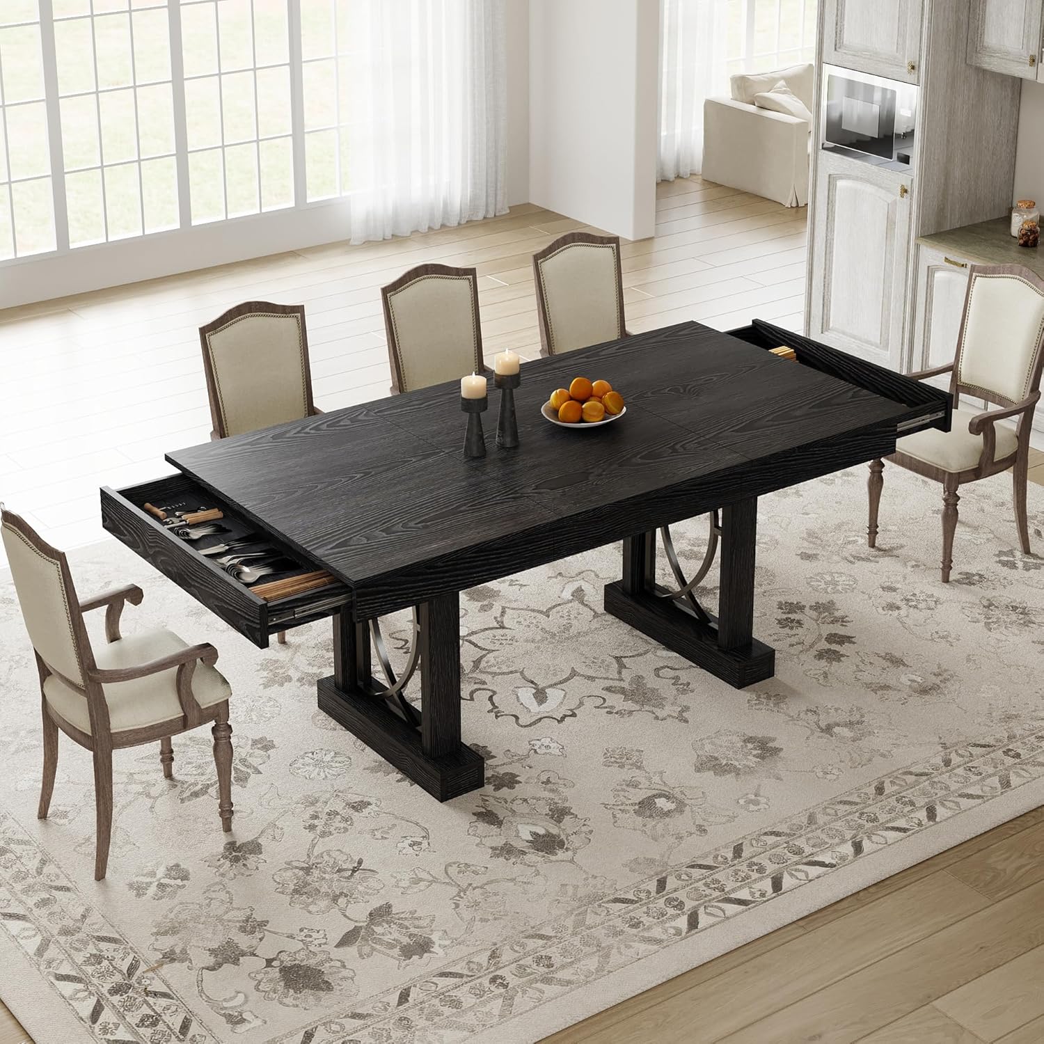Garvee 71-Inch Dining Table for 6-8 with 2 Drawers, Large Wooden Kitchen Table w/Large Tabletop & Sturdy Frame, Rectangular Dining Table with Double Pedestal, for Kitchen, Office