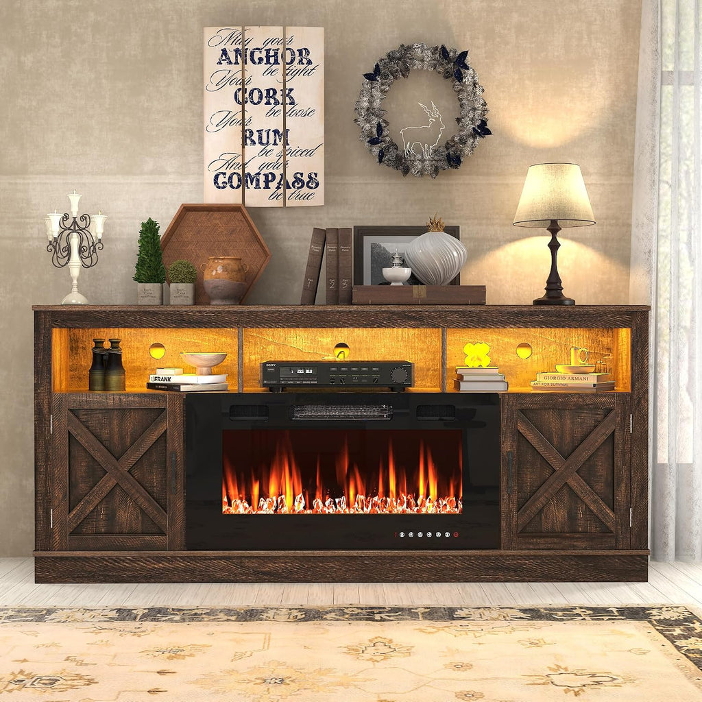 jiteentarou Farmhouse Fireplace TV Stand for 70/75/80 Inch TV, 32”Tall Entertainment Center w/ 36”Electric Fireplace and LED Light, 70”Media Console w/Barn Door Cabinet for Living Room, Brown