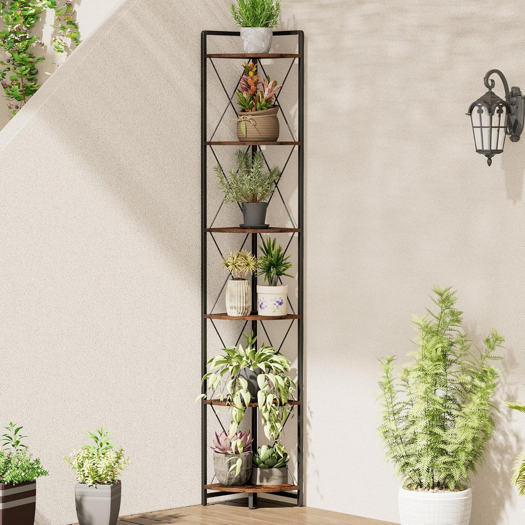 6 Tier Corner Shelf Stand, 78" H Tall Industrial Corner Bookshelf for Living Room Decor, Metal Corner Shelf, Plant Stand Display Shelf for Bedroom, Bathroom, Small Space, Rustic Brown