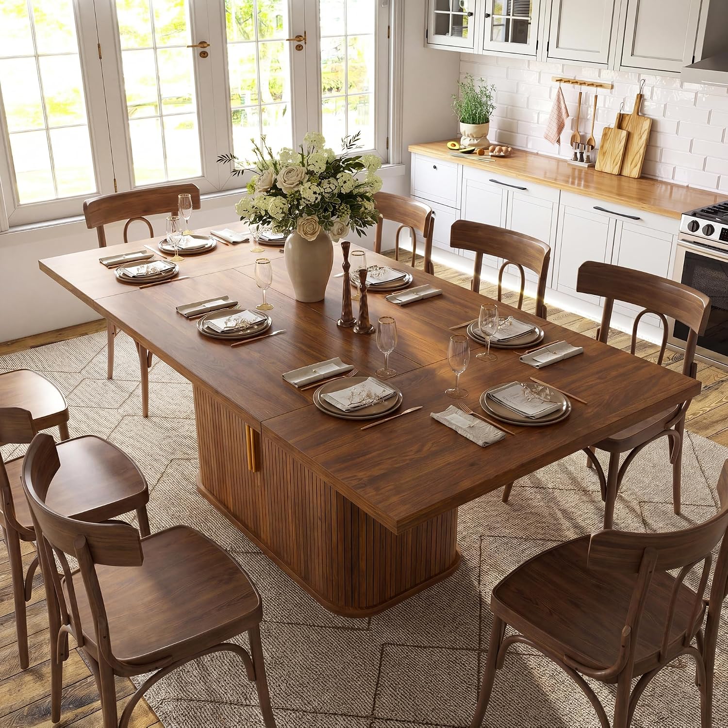knoworld 78.7" Rectangular Dining Table for 6-10, Farmhouse Kitchen Furniture with Storage Base, Sliding Tambour Doors, Walnut