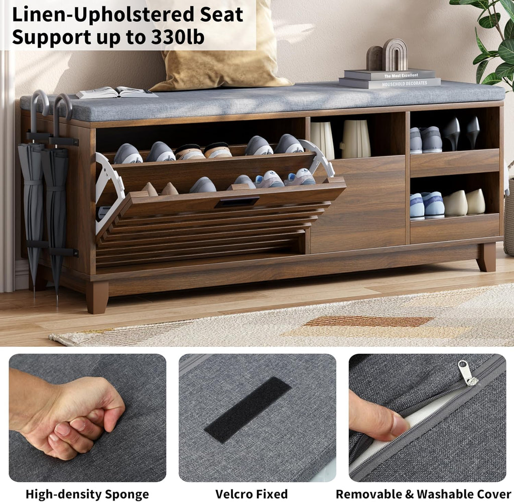 Gyfimoie 2-Tier Shoe Storage Bench,47" Entryway Bench with 2 Flip Drawers & Padded Seat Cushion, Walnut Shoe Bench with Adjustable Shelves & Sliding Doors,Storage Bench for Entryway,Hallway,Bedroom