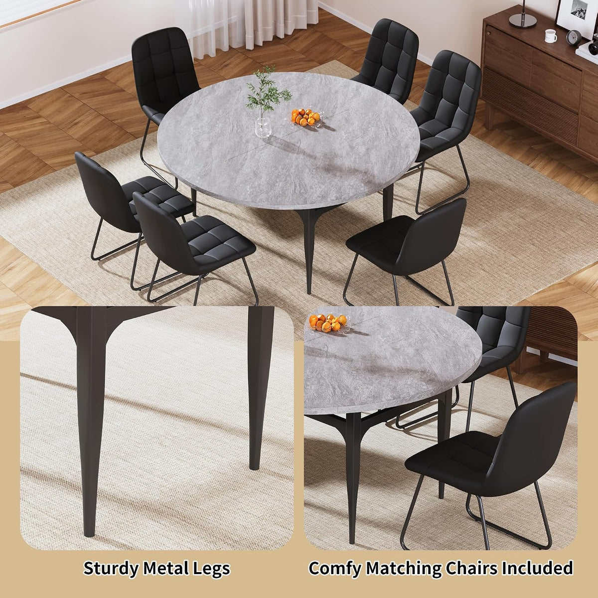 HIPIHOM Expandable Folding Dining Table Set, 55-Inch Round to Square Table with 6 Upholstered Chairs, Metal Frame, for Dining Room or Apartment (Round Table + 6 Black Modern Dining Chairs)