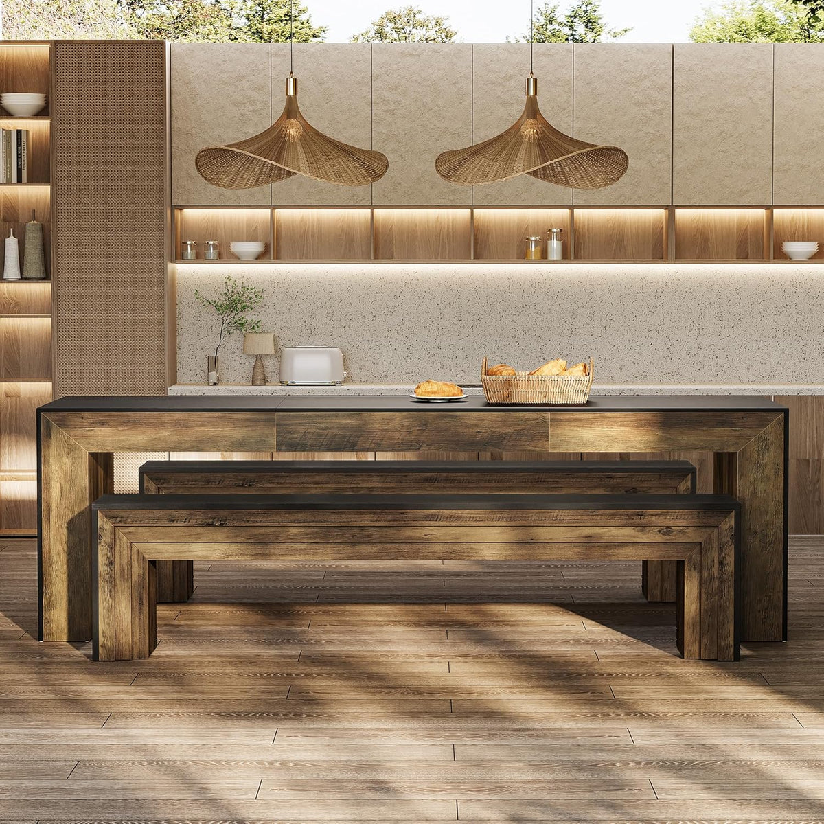 Tribesigns 70.9-Inch Extra Long Dining Bench, Farmhouse Wooden Kitchen Bench Seating for Table, Dining Room, Entryway, Living Room, Bedroom, Black & Brown