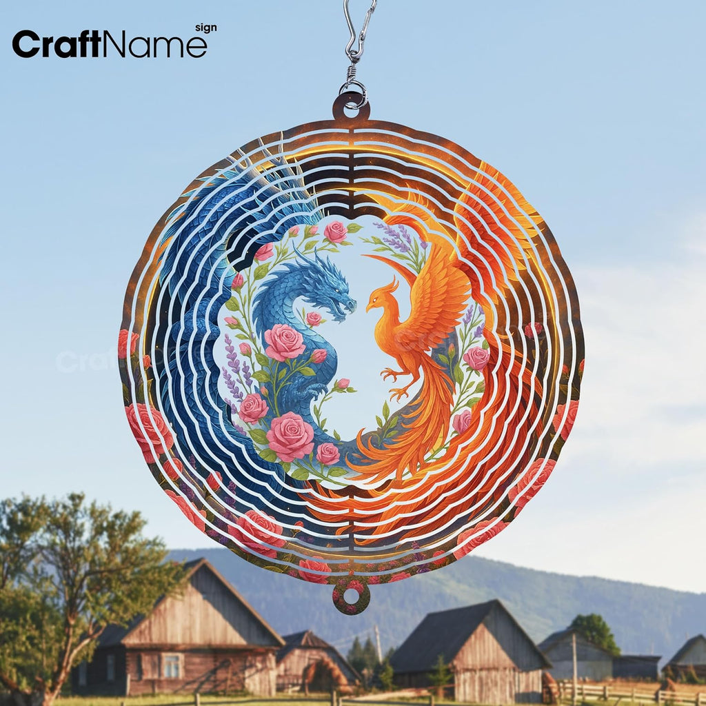 Personalized Dragon & Phoenix Wind Spinner 3D Stainless Steel, Dragon Garden Spinner Hanging Outdoor Decor, Wind Spinners Outdoor, Custom Gift for Grandmother, Mom, Wife