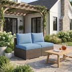 Wisteria Lane Outdoor Sofa, 2 Pieces Wicker Patio Furniture Set with Washable Cushions, Armless Patio Sectional for All-Weather, Oversized Outside Furniture for Garden, Poolside, Backyard, Light Blue
