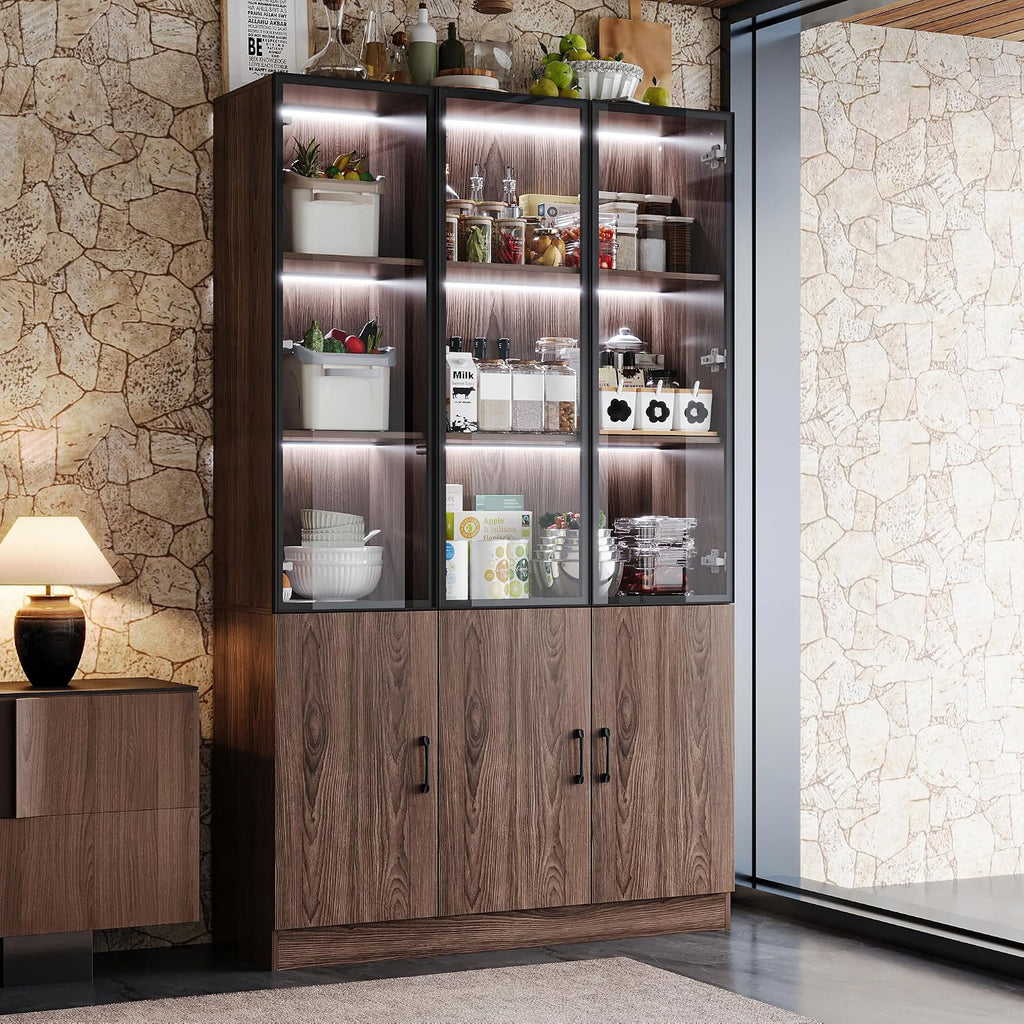 78.7" H Tall Kitchen Pantry with 3 Color LED Light, Modern Cupboard with Glass Doors, Metal Frame & Wood Grain, Large Display Storage Cabinet with Shelves for Living Dining Room, Brown
