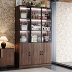 78.7" H Tall Kitchen Pantry with 3 Color LED Light, Modern Cupboard with Glass Doors, Metal Frame & Wood Grain, Large Display Storage Cabinet with Shelves for Living Dining Room, Brown