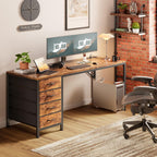 PRAISUN 55.1 Inch Computer Office Desk with Power Outelts and USB-C Port, Reversible Gaming Desk with 4 Fabric Drawers, Work Study Desk Work from Home, Rustic Brown