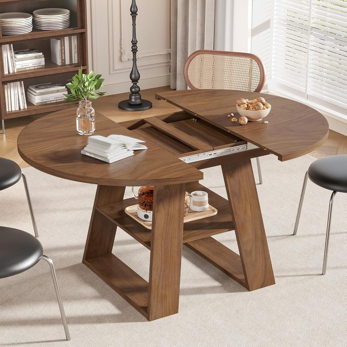 43.3in-59in Extendable Round Dining Table for 4-8, Modern Kitchen Oval Dining Table with Removable Leaves Space Saving, Wood Base with Storage Shelf for Kitchen Living Room, Walnut Style 2