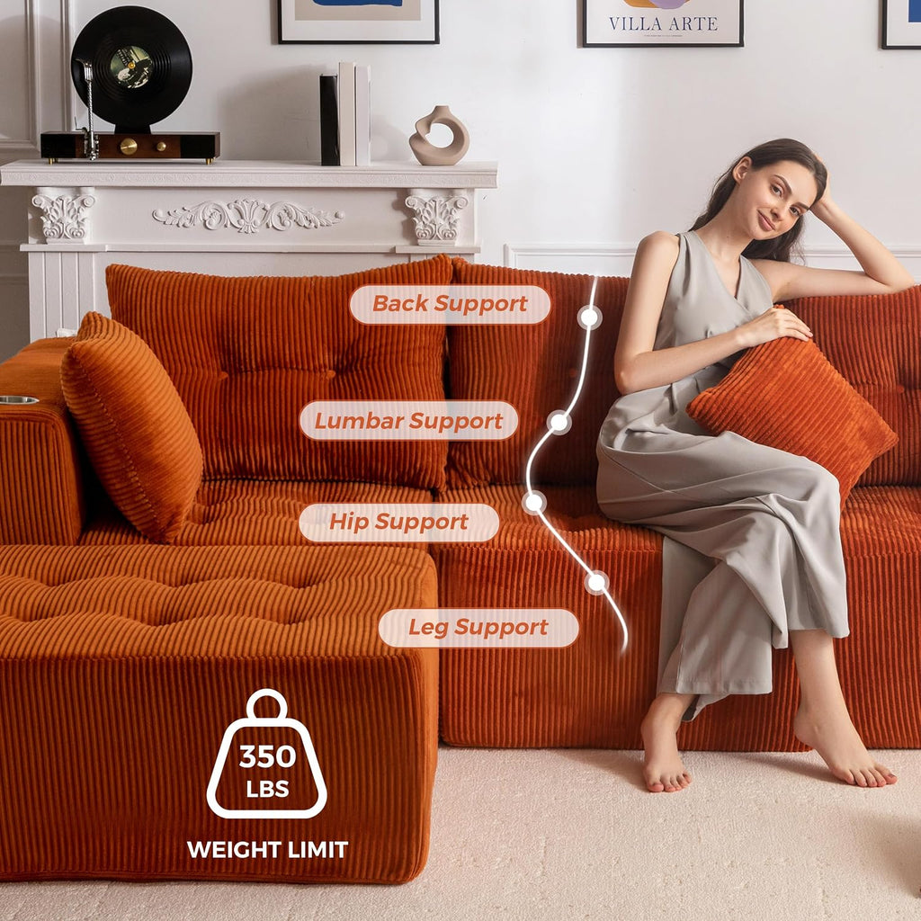 MAXYOYO Couch, L-Shaped Modular Cloud Couch, 4-Seat Sofa, Ottoman | Orange Tufted Sofa in a Box Includes One Ottoman, No Assembly, Offering Flexible 4-Seat Comfort for Modern Living Rooms