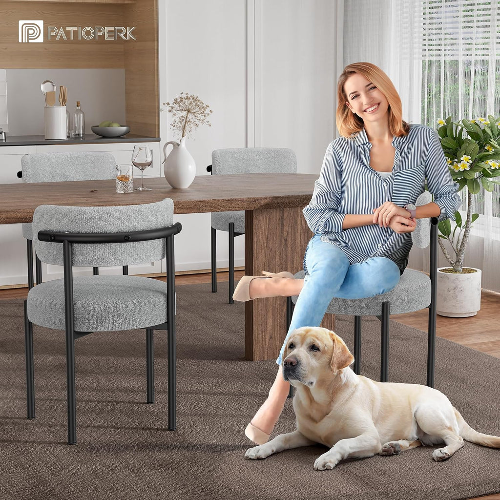 PatioPerk Boucle Dining Chairs Set of 6, Light Gray Mid Century Morden Chair with Curved Backrest, Round Upholstered Sherpa with Metal Legs, Suitable for Various Kitchen Styles