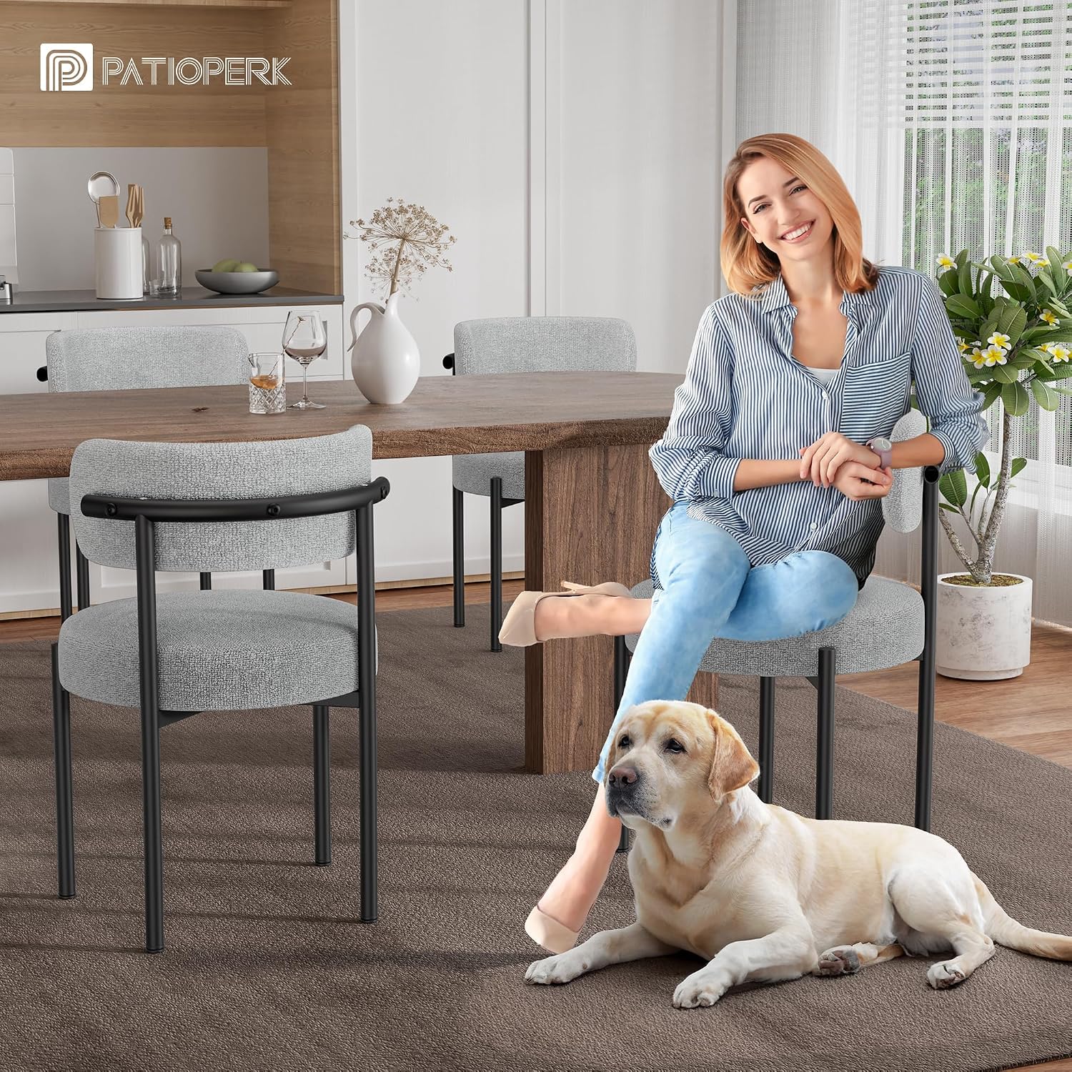 PatioPerk Boucle Dining Chairs Set of 6, Light Gray Mid Century Morden Chair with Curved Backrest, Round Upholstered Sherpa with Metal Legs, Suitable for Various Kitchen Styles