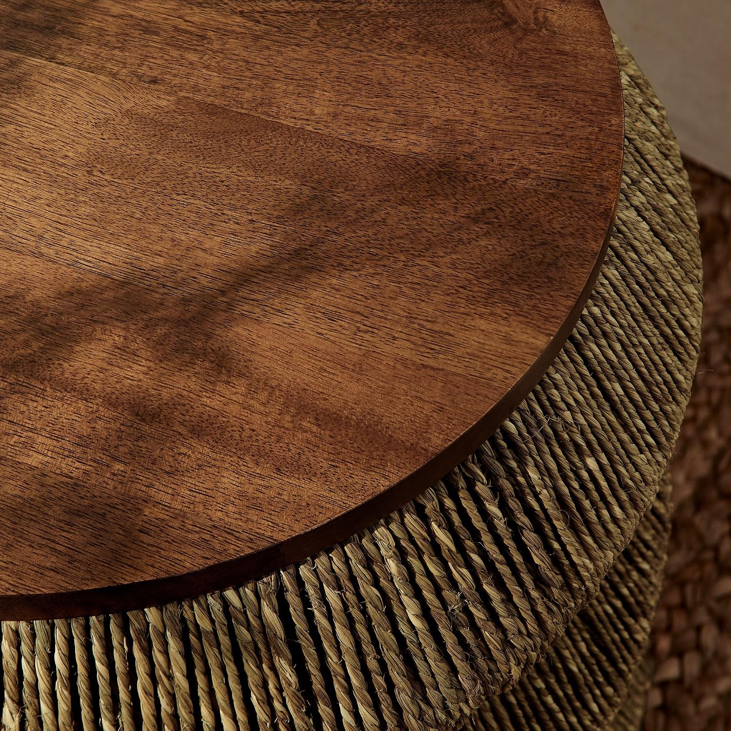 Modway Maris Hand-Woven Seagrass and Wood Round Side Table – 18 Inch Drum End Table for Boho, Coastal, or Modern Living Rooms in Walnut Natural