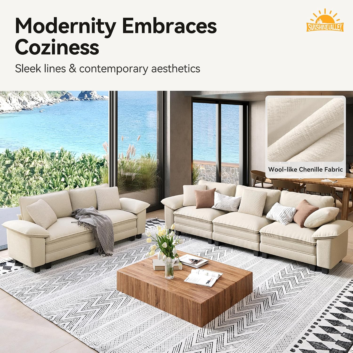 SUNSHINE VALLEY 3-Piece Modular Sectional Cloud Couch and Loveseat Sofa Set | Modern 7-Seater Sofa Set, White, Wider Armrest, Comfy Deep Seat, Soft Chenille Furniture Set for Living Room Bedroom