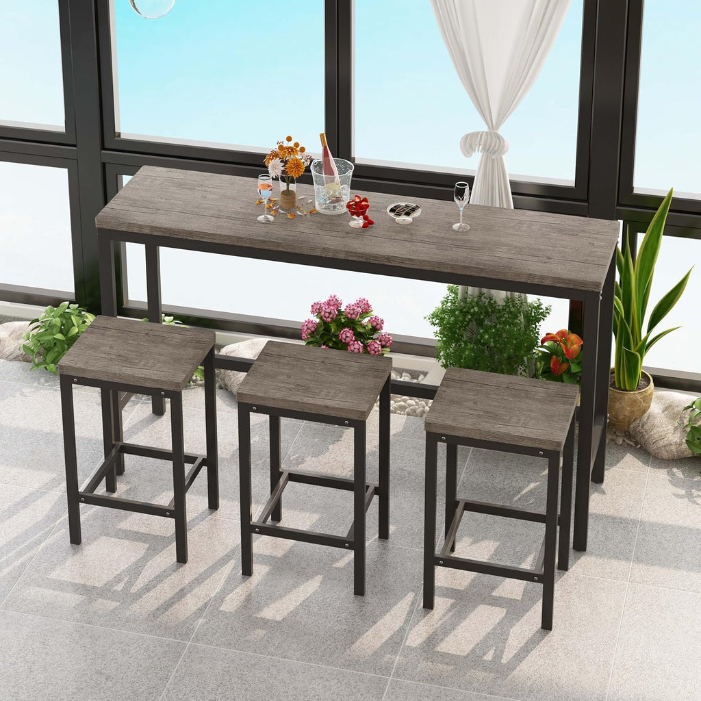 Merax Modern Design 4-Piece Counter Height Extra Long Dining Table Set with 3 Stools and Side Table with Footrest,Space-Saving Pub Kitchen Set,Easy Assembly,Brown Gray