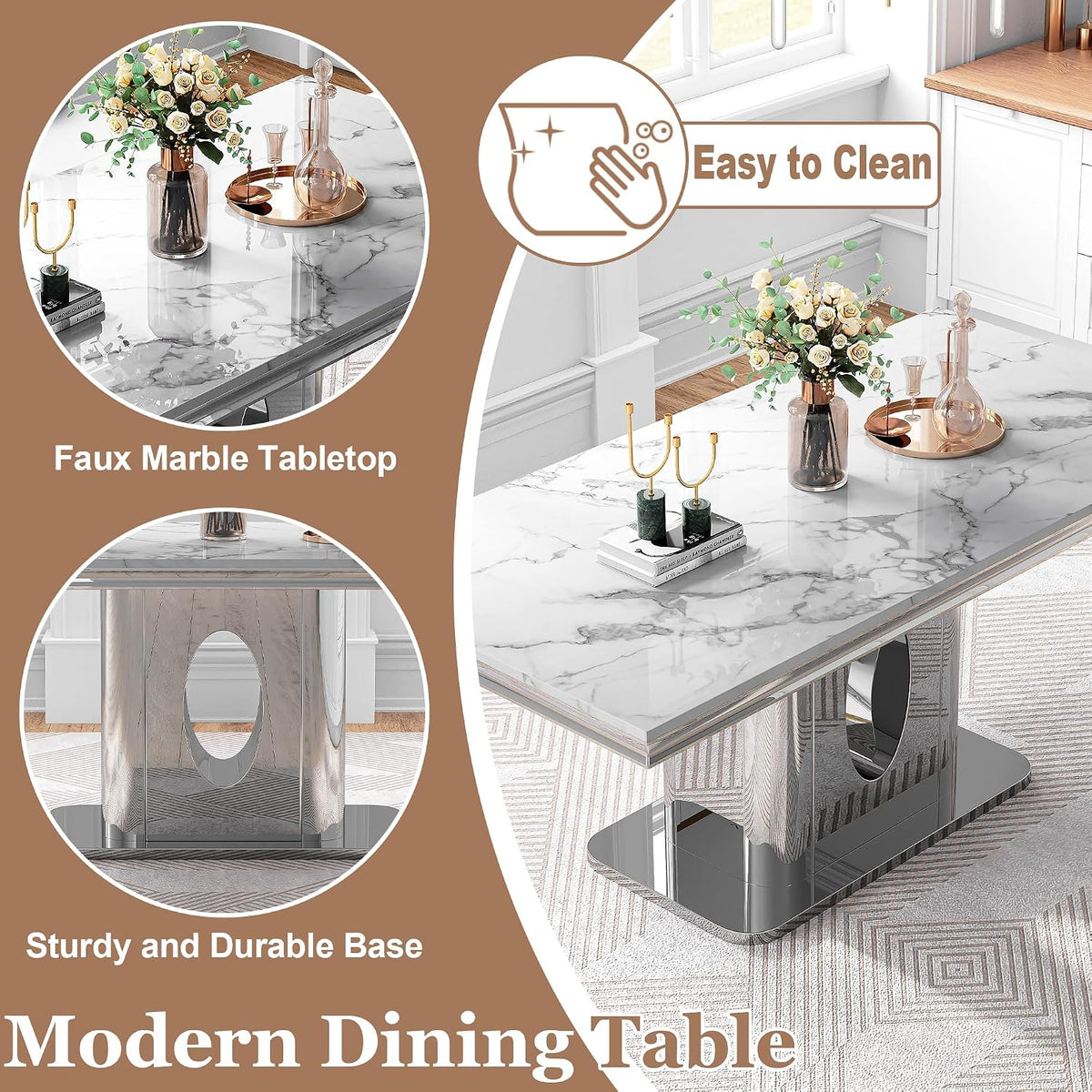 AF ARTISAN FURNITURE 7 Piece White Marble Dining Table, 70'' Rectangle Faux Marble Kitchen Table Set for 6 with Silver Mirrored Finish Stainless Steel Chairs, Luxury Dining Room Table Set for 6
