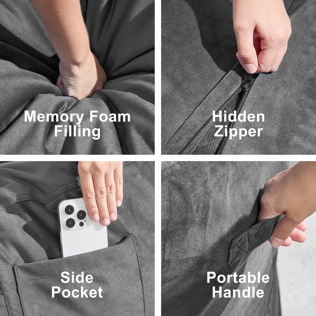 fond + found Adults Bean Bag Chair 5FT Big BeanBag Chair Giant Oversized | Memory Foam,Washable Cover,Velvet Fabric,Side Pocket,Handle,Big Adults Bean Bag Reading Gaming Bedroom Living Room | Grey 5FT