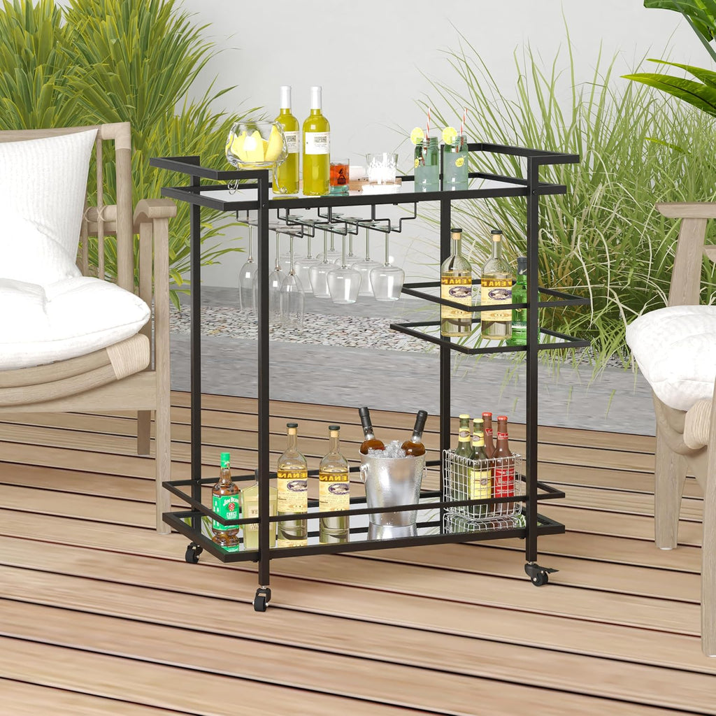 RiteSune Black Bar Carts for The Home, Wine Cart with Wheels | 3 Tier Home Serving Bar Cart Drink Cart with Mirror Shelves for Living Room, Party (28.5" D x 15" W x 32" H)