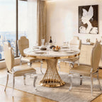 GlyphForm 47" Round Faux Marble Dining Table for 4 to 6, Luxury Modern White Kitchen Table with Gold Stainless Steel Spiral Base Frame, easy to clean Heavy Duty Dining Room Table for Home Office, MDF