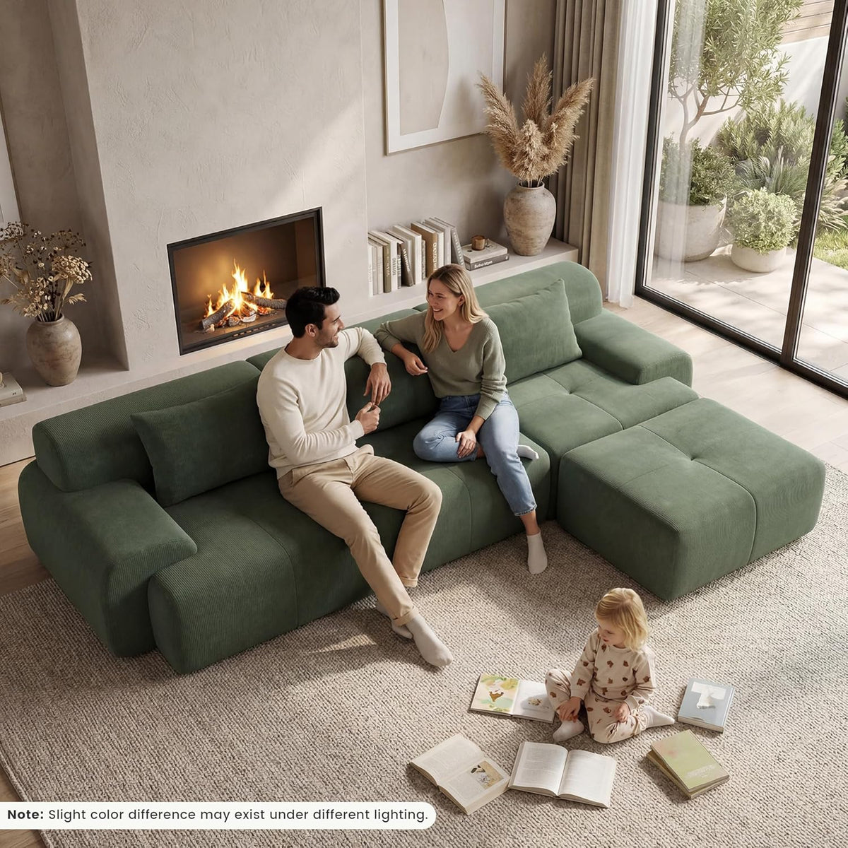 GRUSIGN 108'' Modular Sofa,Sectional Couch for Living Room | Tufted Oversized L Shape Deep Seat Sectional Sofa with Ottoman & 3 Throw Pillows,Corduroy Cloud Couch,Green
