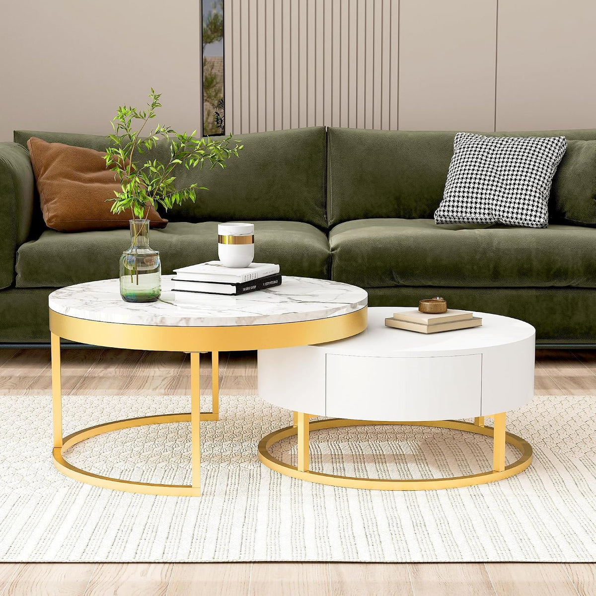 32" Space Saving Nesting End Table, Nesting End Tables with Storage Drawers, Coffee Table Set with Sleek Modern Design for Versatile Home Usage, Golden+White