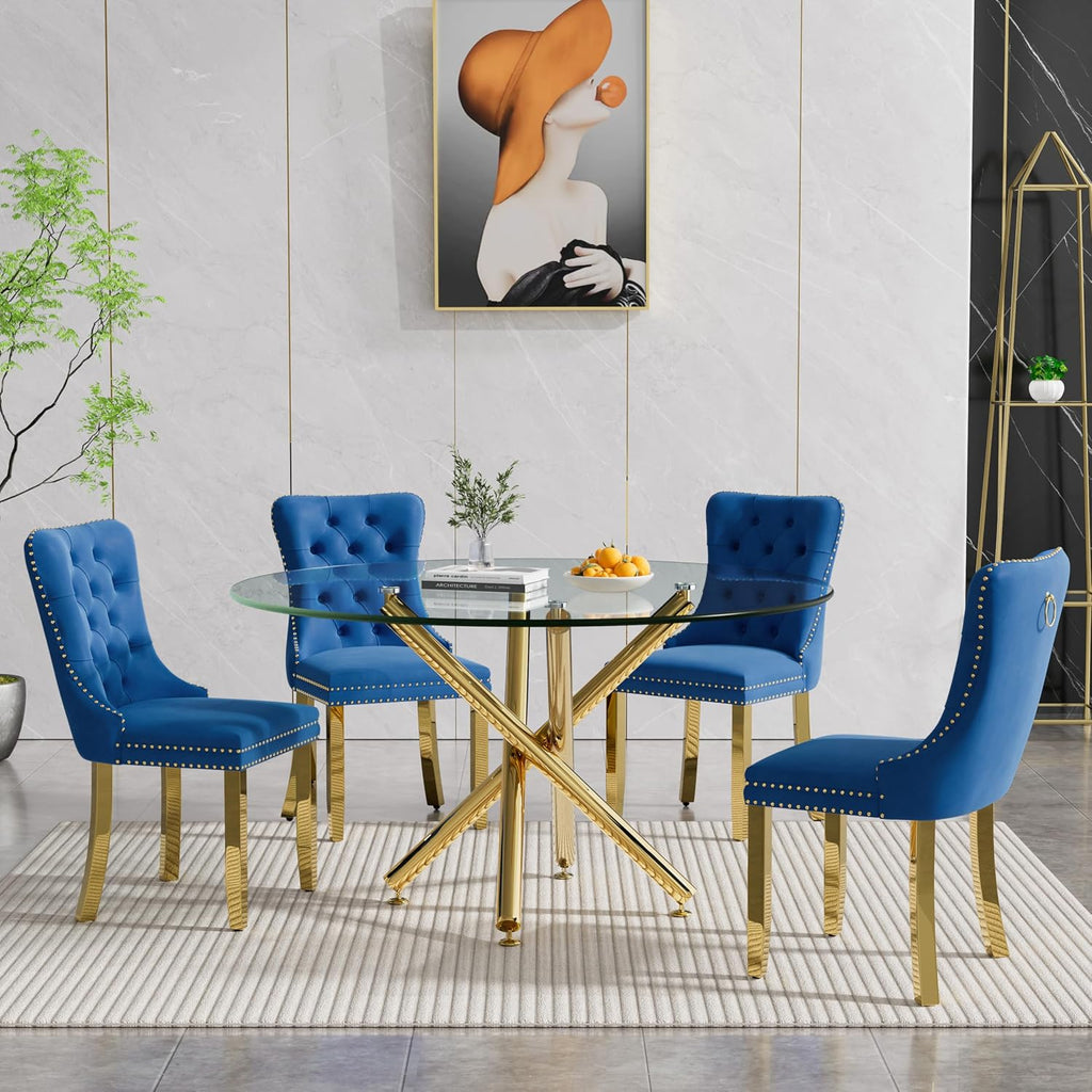 Round Glass Dining Table Set for 4, Small Kitchen Table Set for 4, 47" Circle Gold Glass Dinner Table for 4 with Navy Blue Velvet Chairs, 5 Piece Dining Room Table Set for 4 for Breakfast Dinette Cafe