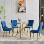 Round Glass Dining Table Set for 4, Small Kitchen Table Set for 4, 47" Circle Gold Glass Dinner Table for 4 with Navy Blue Velvet Chairs, 5 Piece Dining Room Table Set for 4 for Breakfast Dinette Cafe