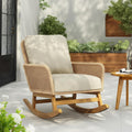 Rocking Chair with Padded Cushions, Modern Glider Chair, Wooden Frame with Rattan Armrest Design, Rocking Accent Chair with High Back for Living Room, Bedroom, Beige
