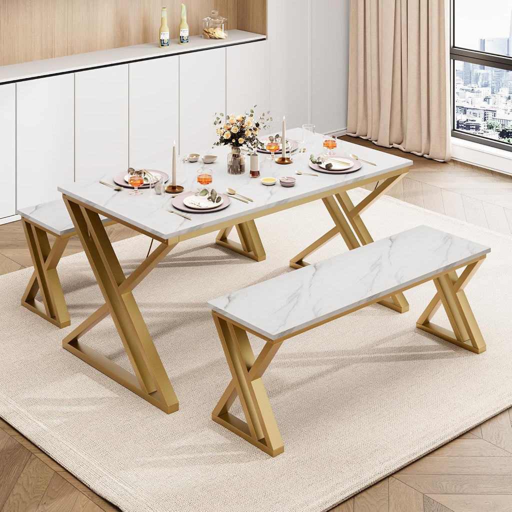 GAOMON Dining Table Bench Set for 4, Kitchen Table Set With 2 Benches, Rectangular Dining Room Table Set With Faux Marble Tabletop, Sturdy Metal Frame, Saving Space for Kitchen, Dining Room, Apartment