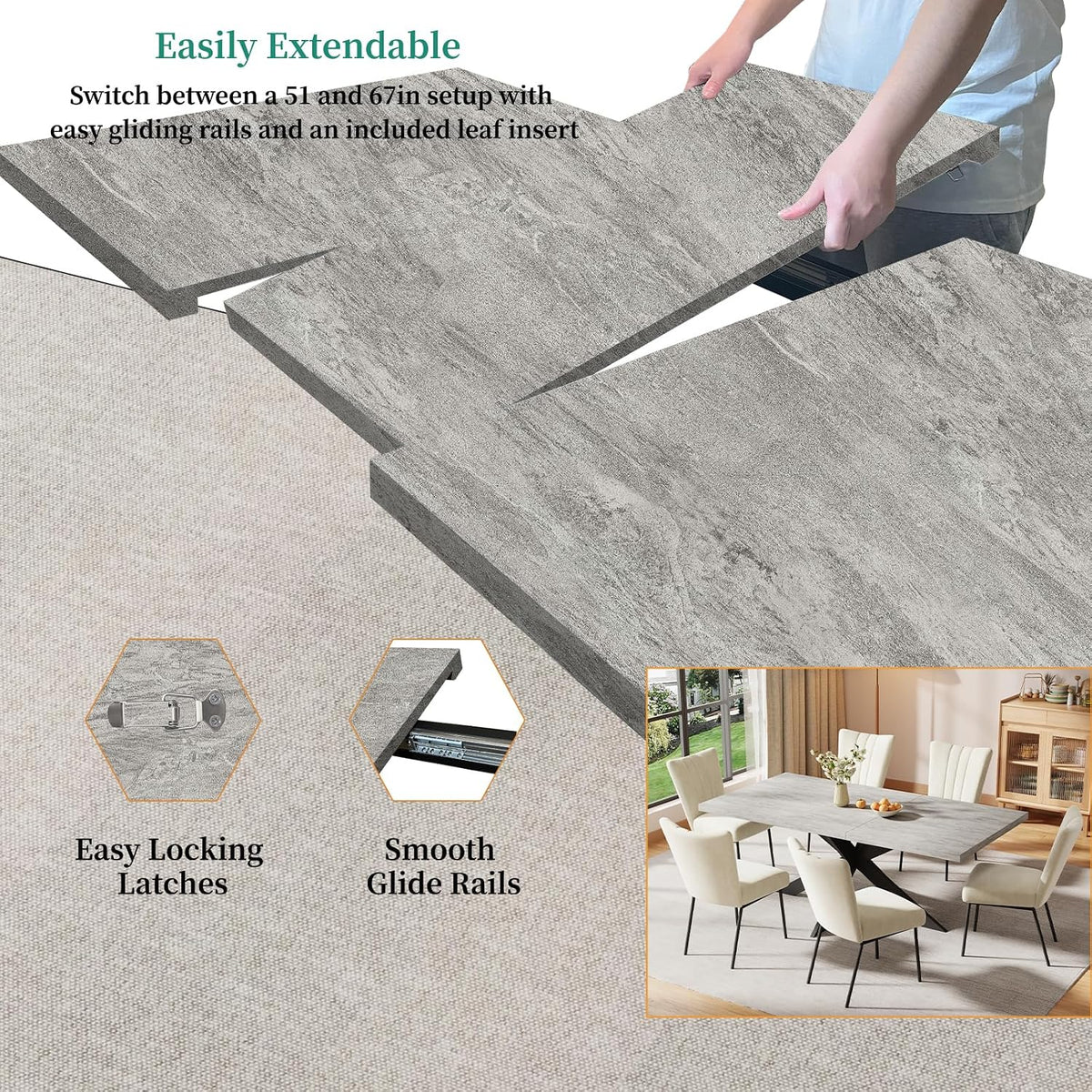 ZckyCine 51"-67" Extendable Dining Table Set with 6 Dining Chairs, Modern Rectangular Kitchen Table Set for 6-8 People, Space-Saving Expandable Dining Table with Metal Frame