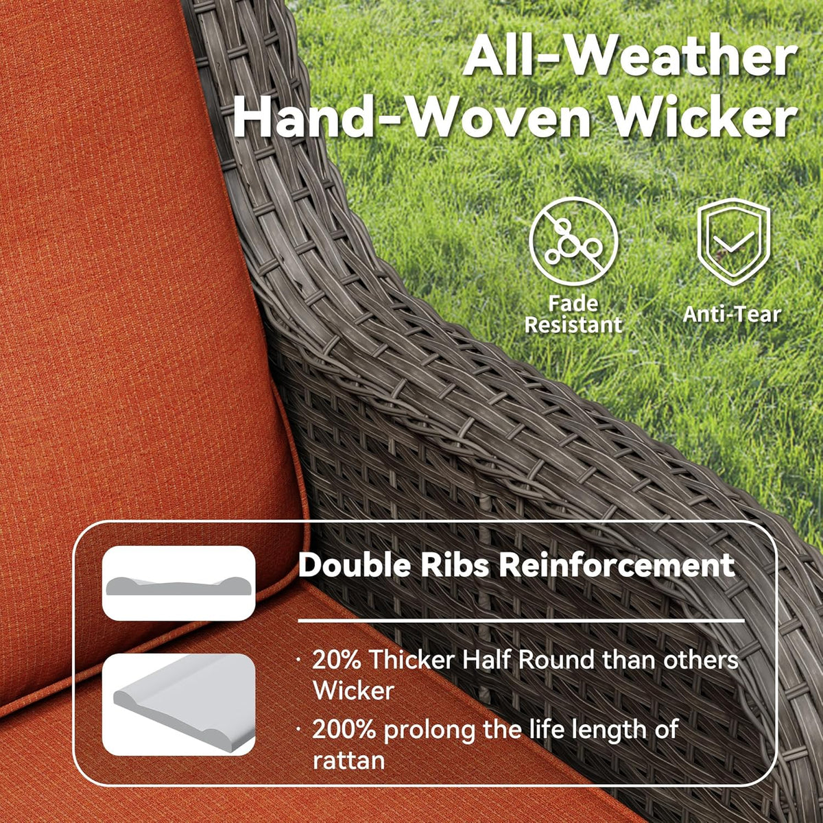 Outdoor Swivel Rocker Patio Chair - Outdoor Wicker Patio Furniture with Thickened Olefin Cushions, High Back and Deep Seating, Hand-Woven PE Rattan for Porch, Deck, Balcony, Orange