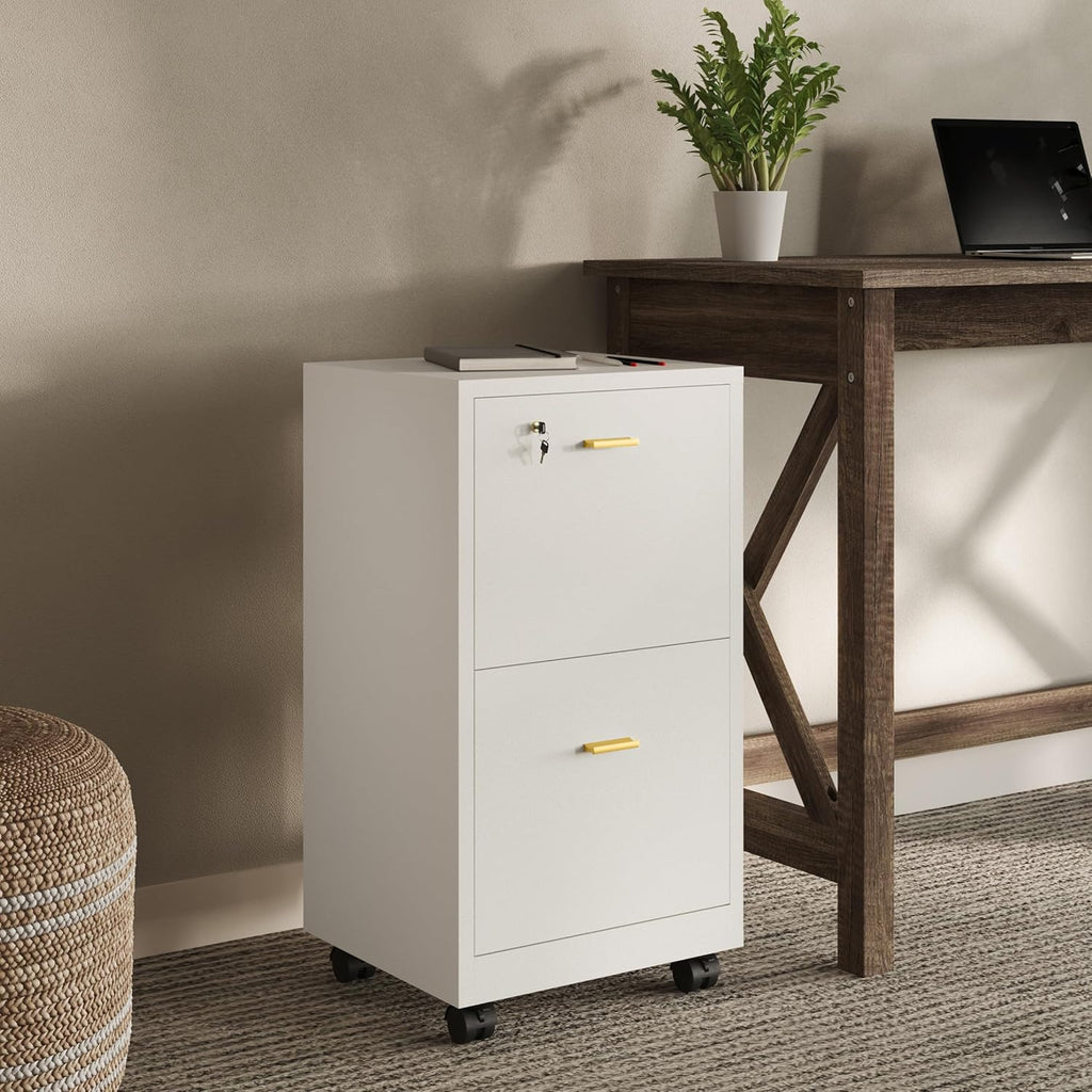 Lavish Home 2 Drawer File Cabinet - Filing Cabinet with Lock - Rolling File Cabinet for Under Desk Storage - Wood Filing Cabinet for Home or Office Organization (White)