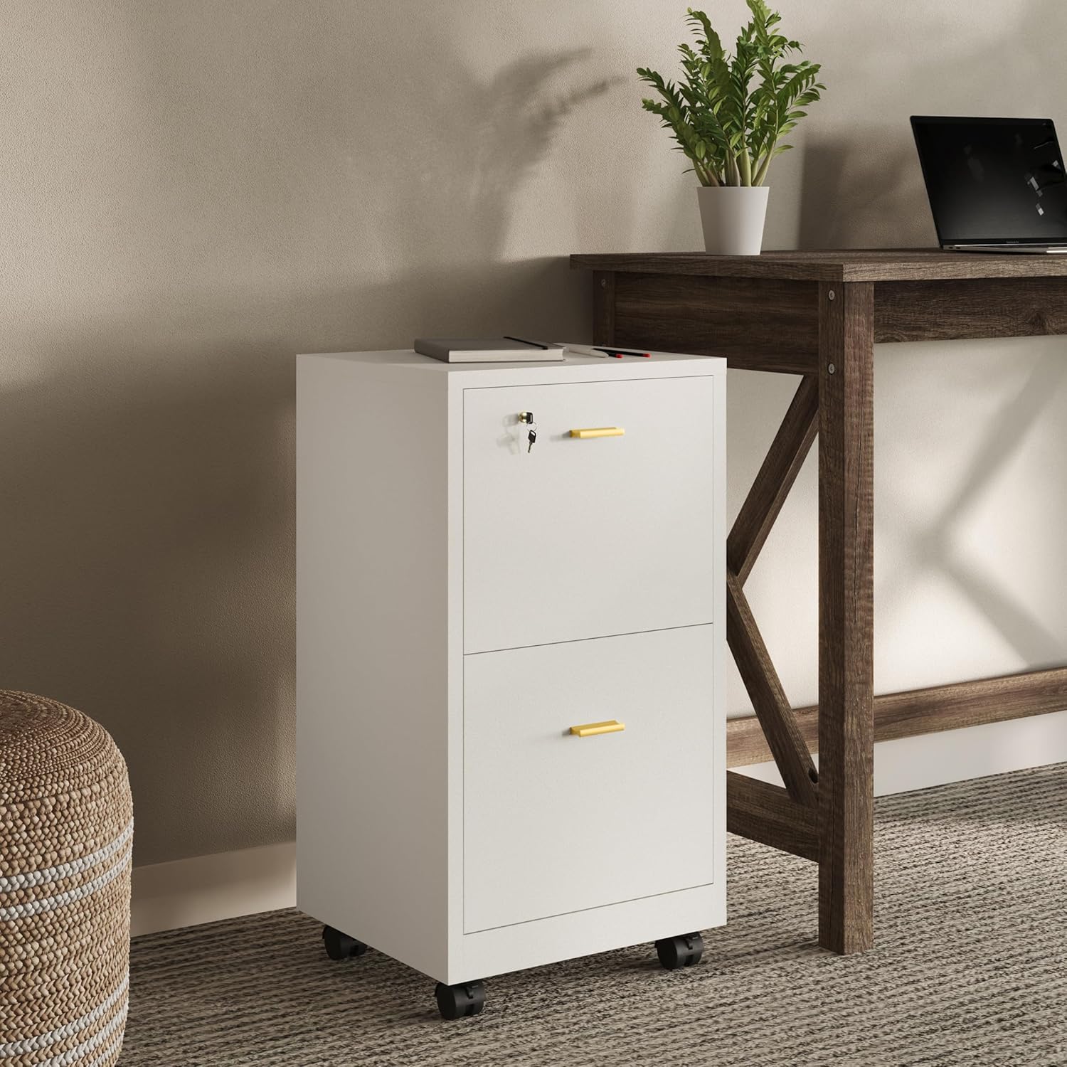 Lavish Home 2 Drawer File Cabinet - Filing Cabinet with Lock - Rolling File Cabinet for Under Desk Storage - Wood Filing Cabinet for Home or Office Organization (White)