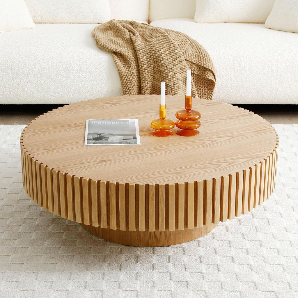 Round Coffee Table with Fluted Design, Wood Oak