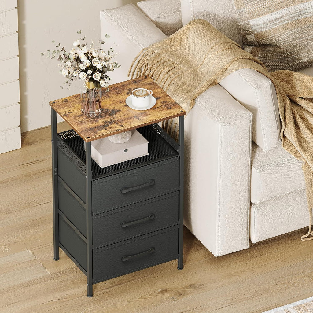 JARHETUN Nightstand Set of 2, Night Stands with 3 Fabirc Drawers, 26.4 Inch Tall Bedside Table with Metal Shelf, Modern Side End Table Storage Furniture, Small Dresser for Bedroom, Rustic Brown