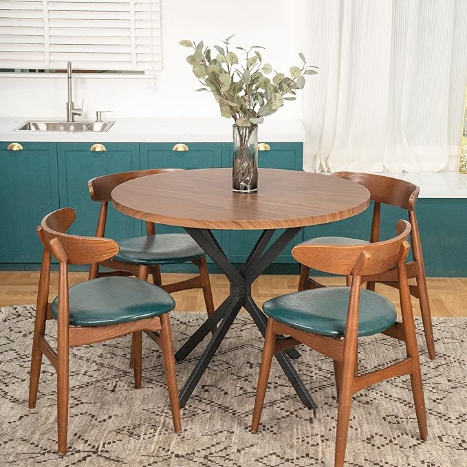 DKLGG Round Dining Table, 39" Mid-Century Modern Round Kitchen Table for 4-5 People, w/1.18" Thickness Tabletop & Black Metal Legs Leisure Table for Kitchen Dining Restaurant Furniture