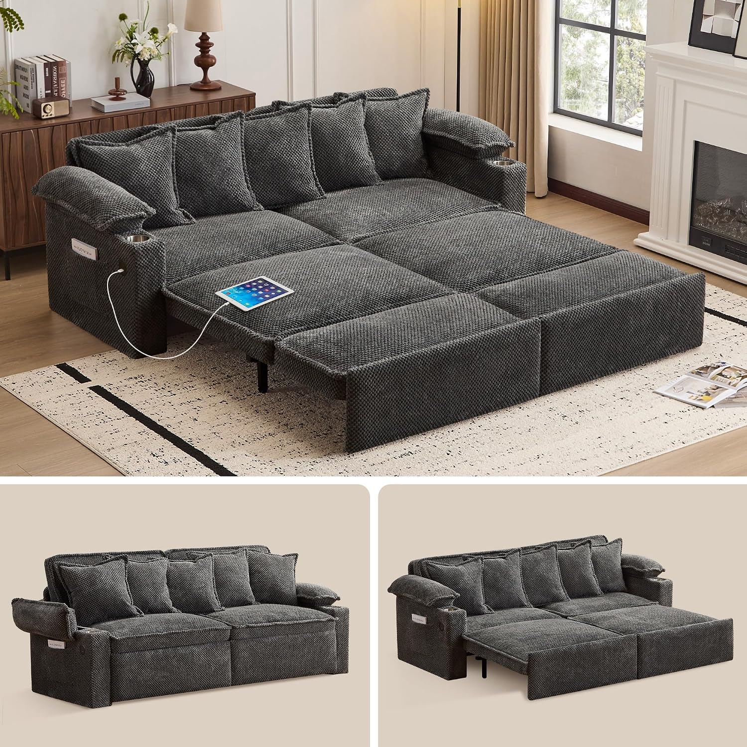 SUNWAVE 83" Sleeper Sofa, 3-in-1 Pull Out Sofa Bed Corduroy Couch Bed | Convertible Sleeper Couch with USB Ports, Cup Holders & Side Pockets for Living Room, Small Spaces