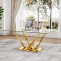 63'' Rectangular Glass Dining Table for 4-6, Luxury Kitchen Table with Tempered Glass and Aesthetic Gold Stainless Steel Base, Modern Dinner Table for Home, Apartment