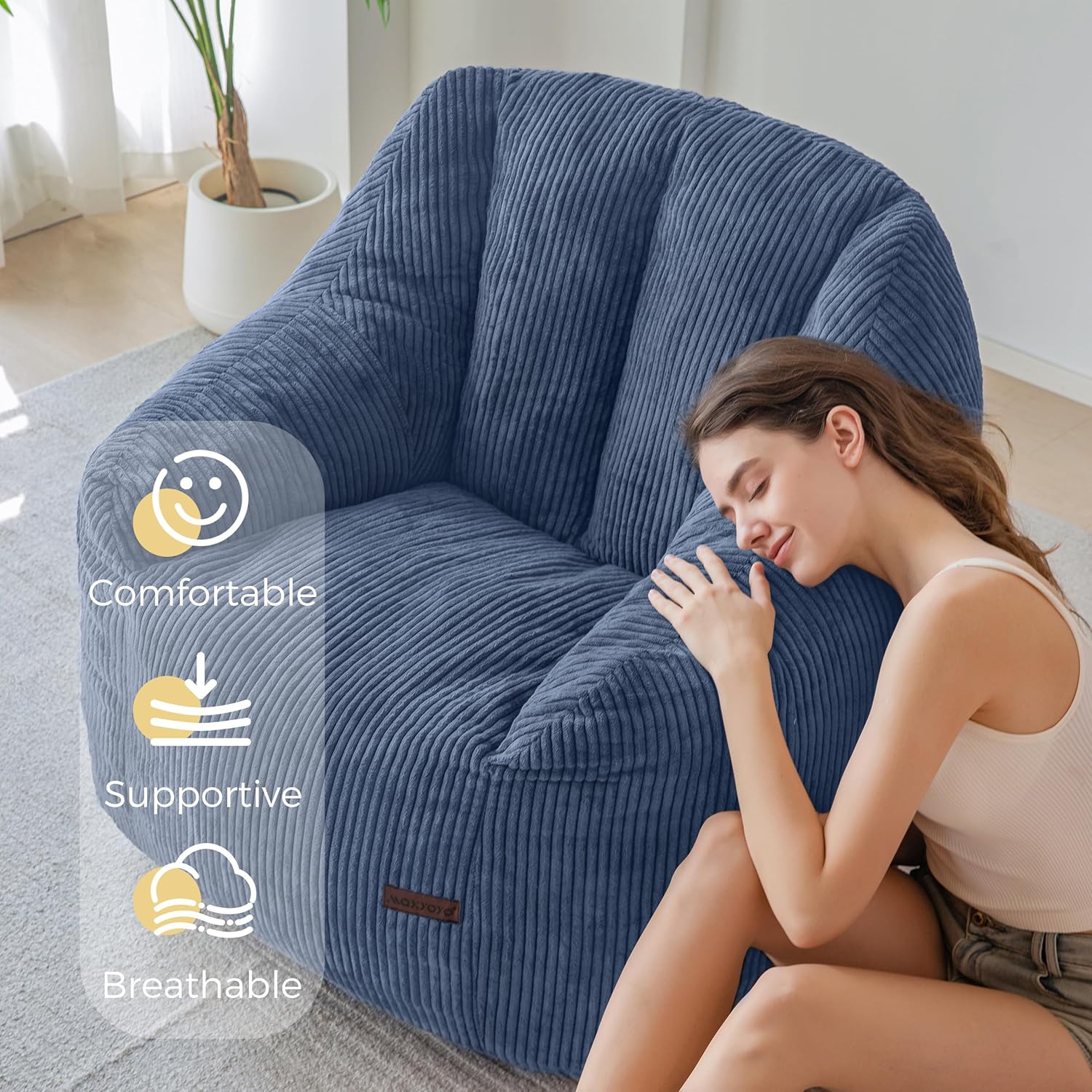 MAXYOYO Bean Bag Chair for Adults, Foam-Filled Floor Sofa for Reading | Bean Bag Chair for Adult with Filler, Cozy Living Room Chair for Bedroom Dorm, Dusty Blue