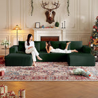 CHORRO134.6''Sectional Couch for Livingroom,Modular Corduroy Cloud Couch, U-Shaped Sofa with Chaise and Pillows,4-Deep Seat Sectional Sofa with 1 Ottoman,(Green,Left Chaise)