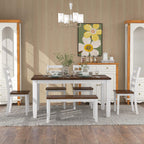 Harper & Bright Designs Rustic 6-Piece Dining Set with Table, 4 Chairs & Bench | Farmhouse Kitchen Table Set with Ergonomic Seating for Dining Room (Walnut + Cottage White)