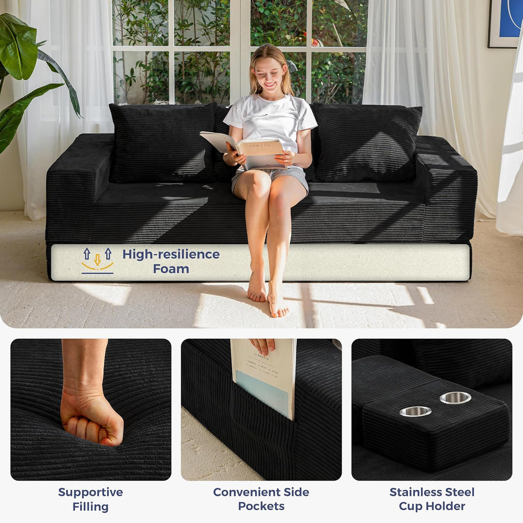 MAXYOYO Sofa Bed, 80-Inch Oversized Loveseat, 2 Cup Holders | Corded Black 4-in-1 Couch Converts Into a Floor Sofa or Chair; Sofa-in-a-Box Design Requires No Assembly.
