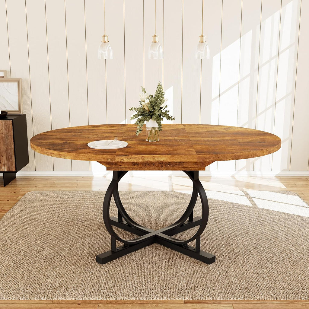 HIPIHOM 43.3"-59" Extendable Round Dining Table for 4-6 People, Modern Kitchen Oval Dining Table with Sturdy X-Base Metal Legs, Space Saving, MDF Board for Kitchen Dining Room (Vintage Brown)