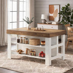 Tribesigns 55.1-Inch Kitchen Island with Seating and Storage, 3-Tier Large Farmhouse Island Table with Large Countertop and Leg Room for Kitchen Dining Room (Brown and White)