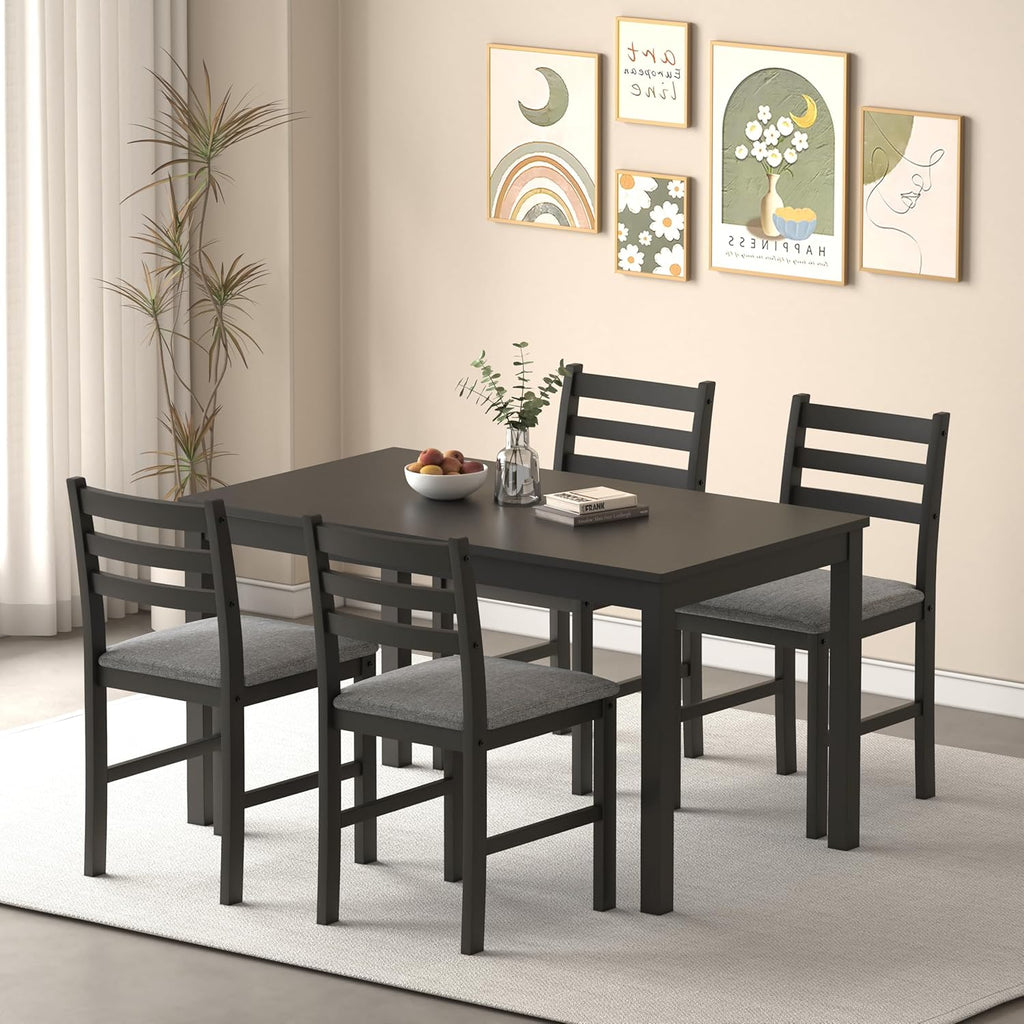 WiberWi Dining Table Set for 4, Solid Wood Kitchen Table and Chairs Set of 4, 43.3” Space-Saving Mid Century Modern Dining Room Table with Upholstered Chairs, Black
