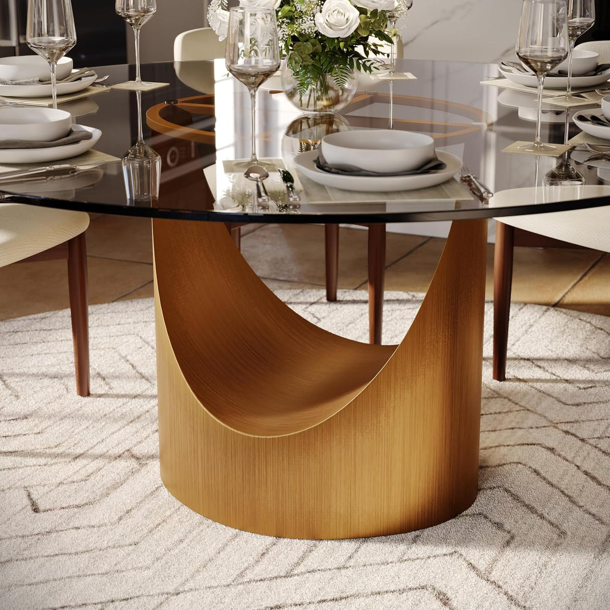 POVISON Round Dining Table for 4, 51" Glass Tabletop Dining Table with Bronze Carbon Steel Pedestal, Modern Dining Room Table for Kitchen, Living Room (Table Only)