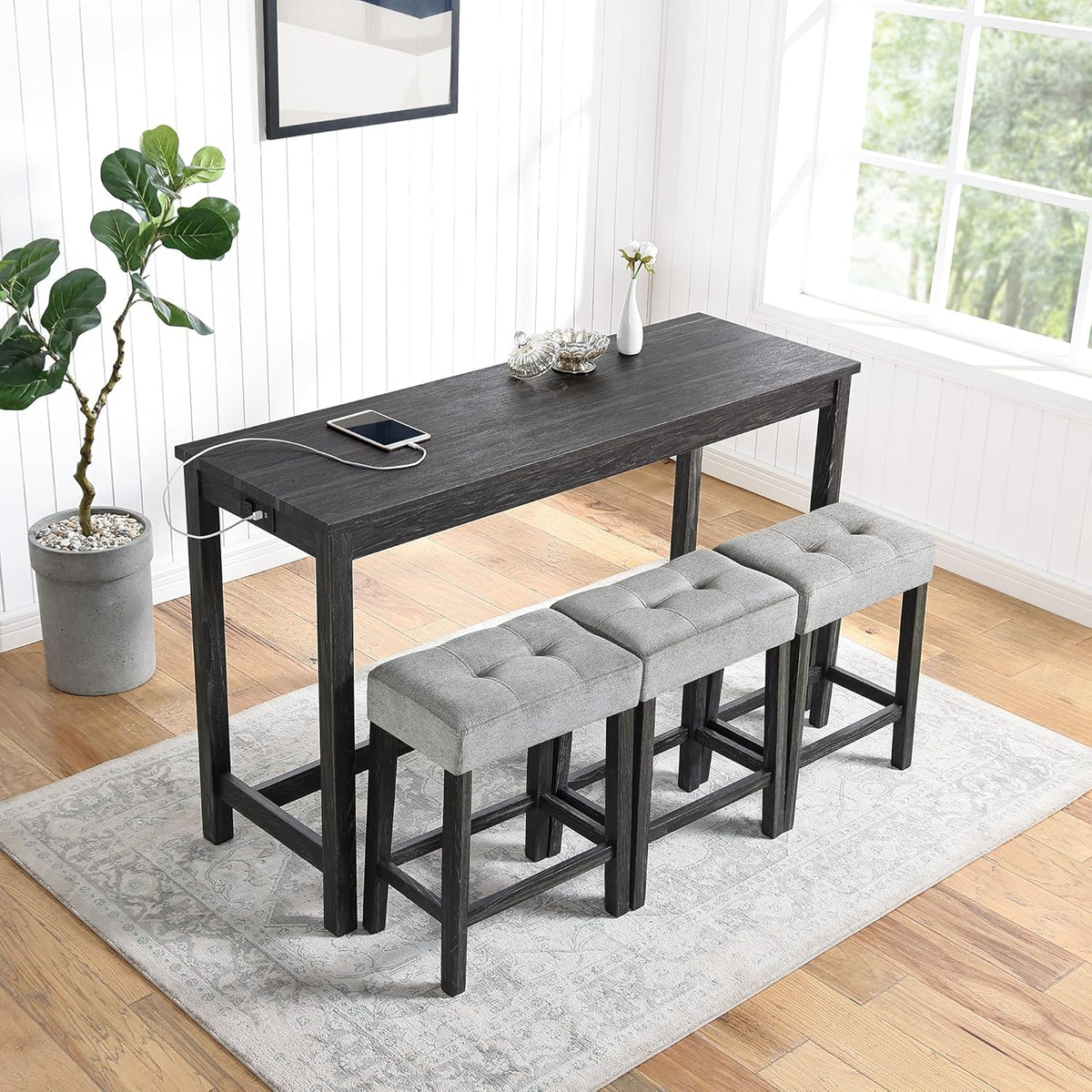 Bar Table Set with Power Outlet, 4 Piece Bar Table and Chairs Set, Industrial Breakfast Table Set, for Living Room/Dining Room/Game Room, Black+Gray